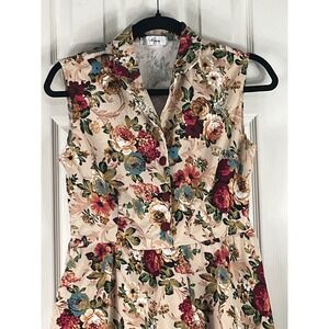 Muxinni Floral Sleeveless Fit and Flare Dress 0-2 sz Beige Collared Button Front